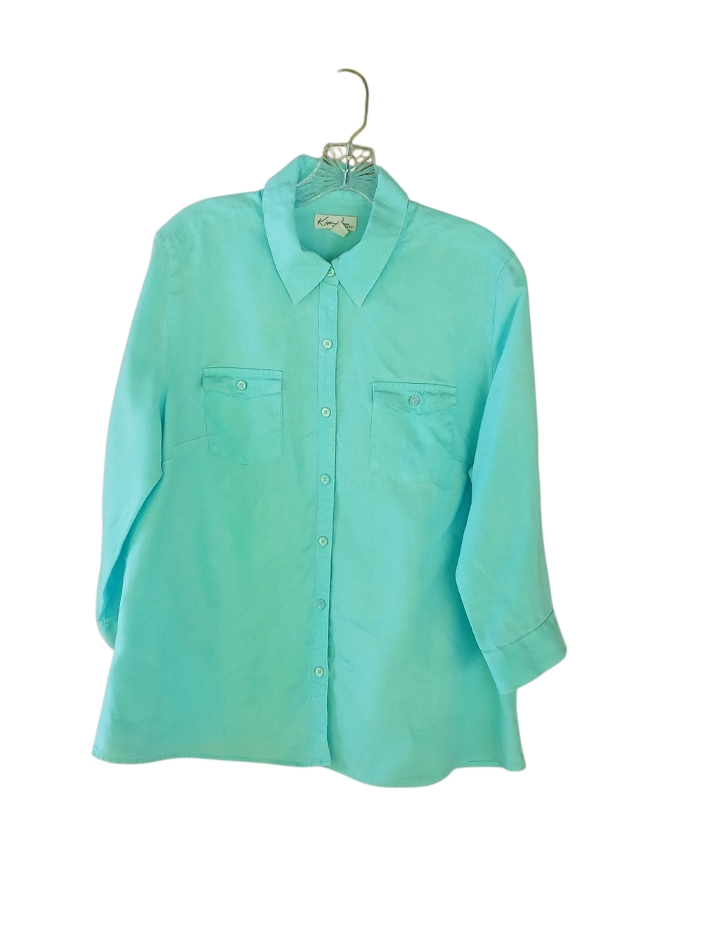 Kim Rogers Turquoise 3/4 Sleeve 100% Linen Button Down Shirt Size LP